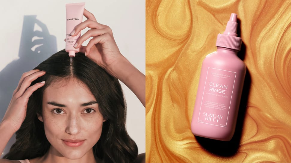 On the left: A model with long dark hair parted down the middle holds a pink squeeze tube over her hair. On the right: A blue Living Proof squeeze tube.