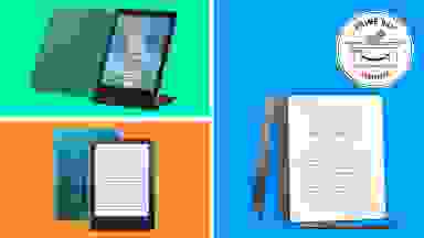 Amazon Kindles in front of blue, green, and orange backgrounds