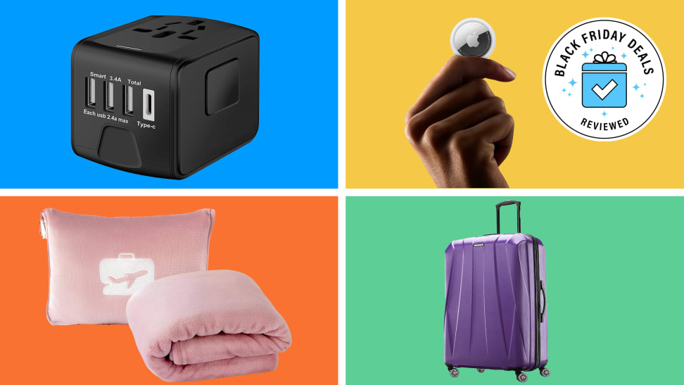 Photo collage of universal power adapter, a hand holding a small round tracking tag, a pink travel pillow and blanket set and a purple hard shell suitcase.