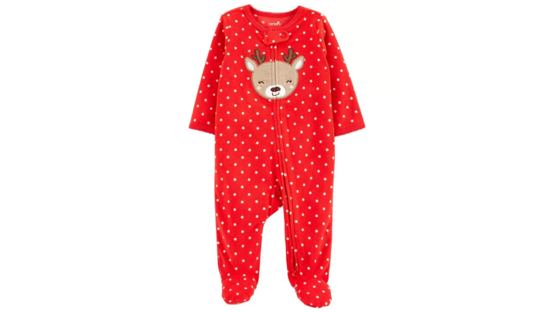 An image of a red, polka-dotted onesie with a reindeer embroidered on the front.