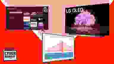 Collage of TVs against a red/pink background
