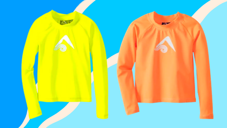 A yellow and an orange swim shirt against a blue background.