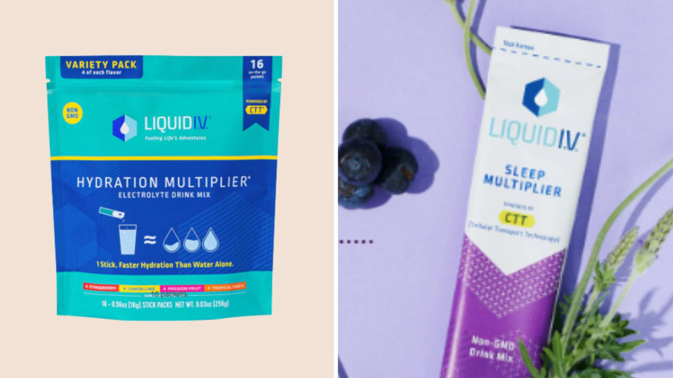 A package of Liquid I.V. hydration pouches in front of a colored background next to a singular Liquid I.V. pack.