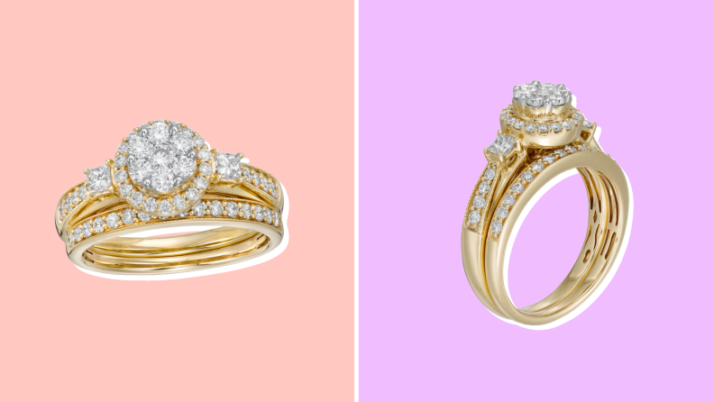 Collage of an engagement ring shown from two different angles at Zales.
