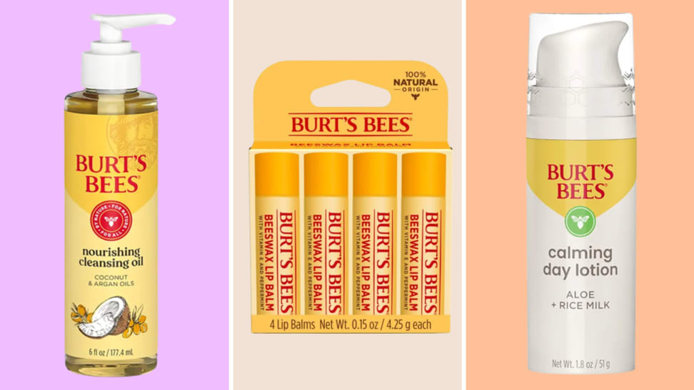 Photo of Burt's Bees lip balm, lotion, and cleanser on a colored background.