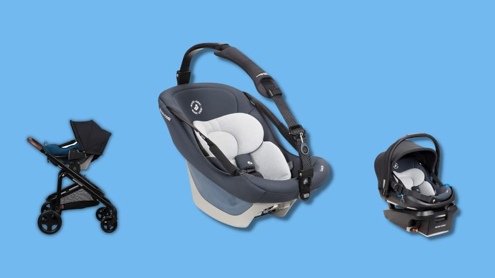 The Maxi Cosi Coral XP car seat in different settings in front of a background.