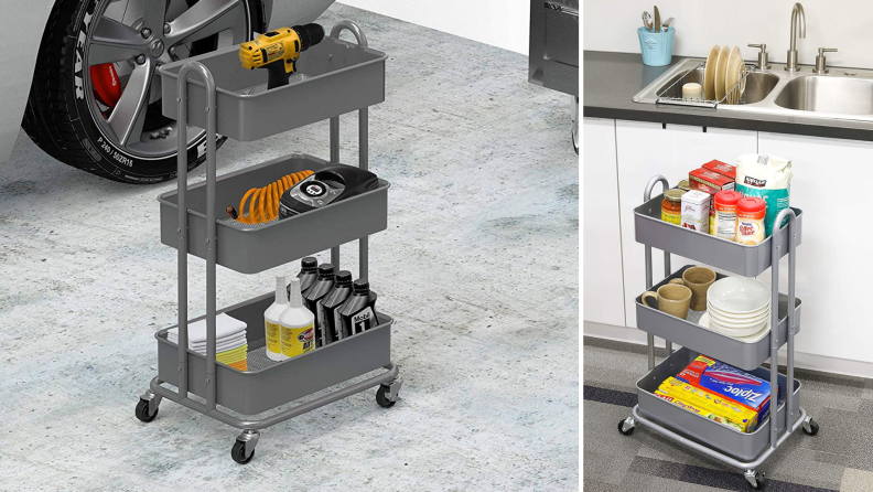 A rolling storage rack sits in a kitchen.