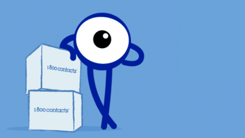 An image of the 1 800 Contacts mascot leaning up against two boxes.