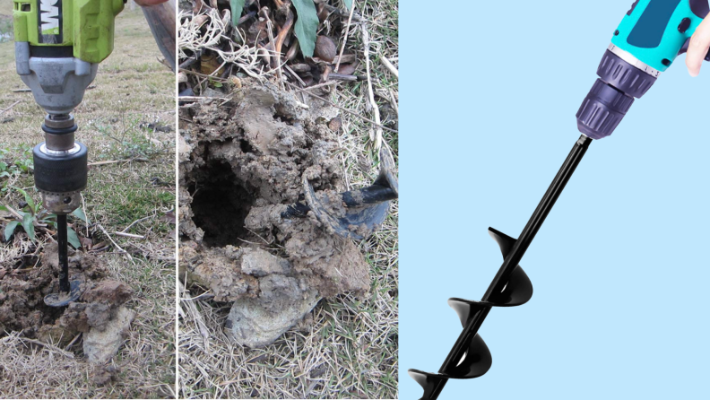 On left, tool creating hole in ground. On right, cordless drill with auger attachment.