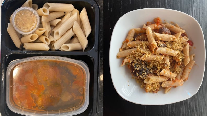 On the left, pasta primavera in Sprinly plastic packaging.  On the right, the same meal prepared on a white plate.