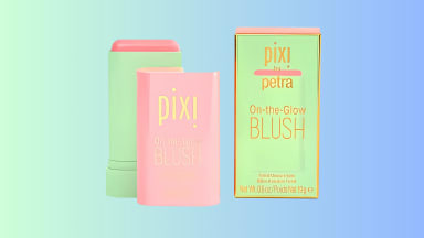 A Pixi On-the-Glow Blush stick and its packaging are displayed against a pastel gradient background.