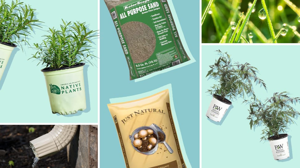 Bagged soil, potted plants, and rain gutters coupled in a collage.