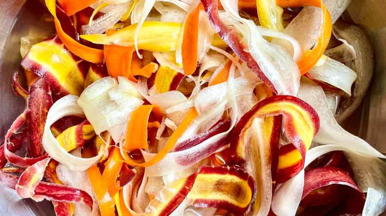 A closeup of shaved carrots in a bowl