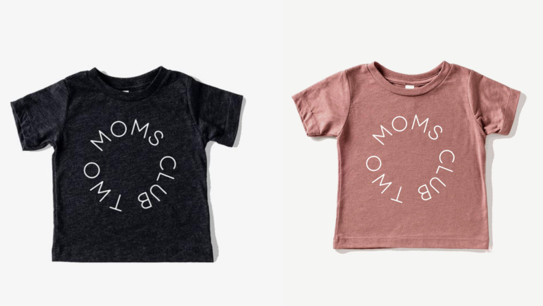 On left, black and white graphic tee that reads, "Two moms club." On left, coral and white graphic tee that reads, "Two moms club."