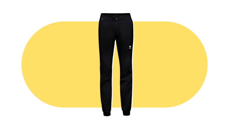 A pair of black pants with a small white emblem on the right thigh.
