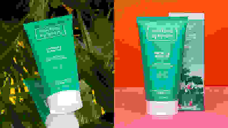 On the left: The Selfless by Hyram Centella & Green Tea Hydrating Gel Cleanser in its blue squeezable tube with plants in the background. On the right: The same bottle standing next to its box packaging with an orange background.
