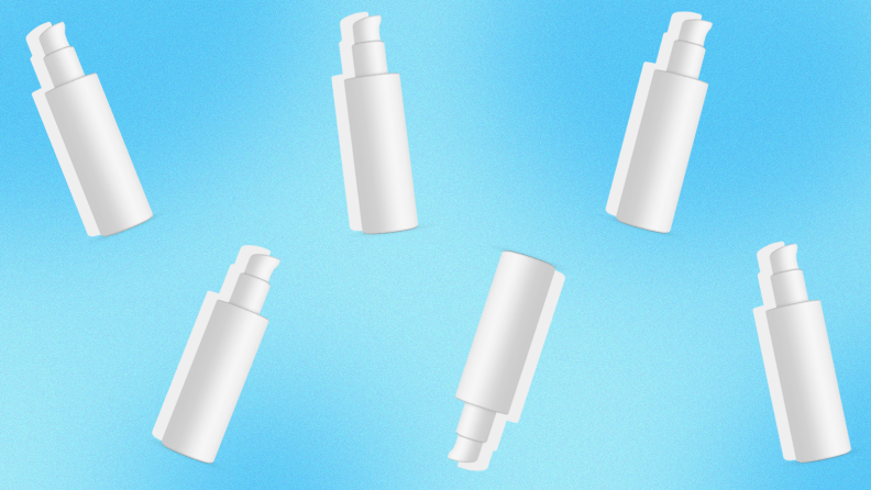 Floating white skincare bottles.