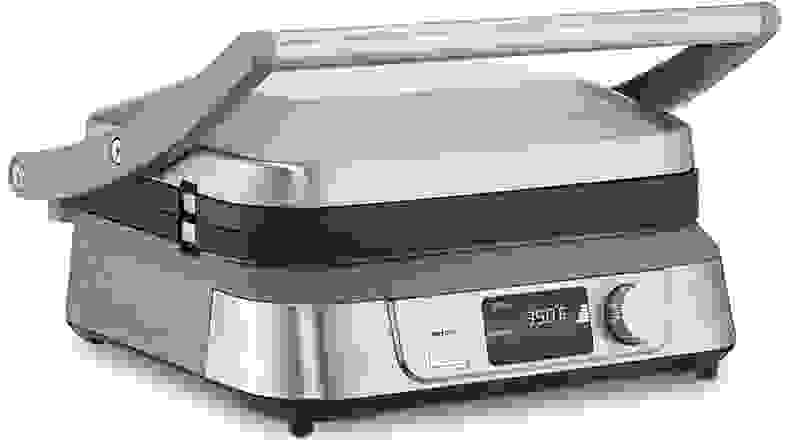 A silver Cuisinart Griddler Five indoor grill viewed from a front right angle.