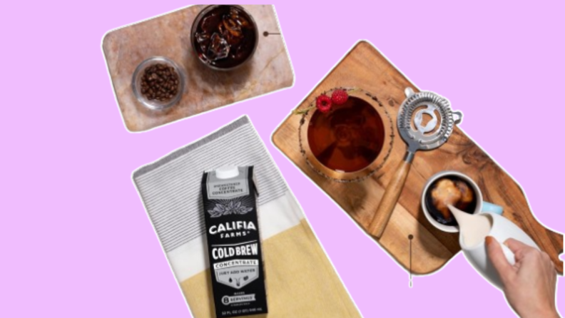 Califia Farms carton of cold brew concentrate beside cups of coffee on a purple background
