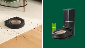 Photo of an iRobot vacuum charging next to a photo of the same vacuum cleaning crumbs on a carpet.