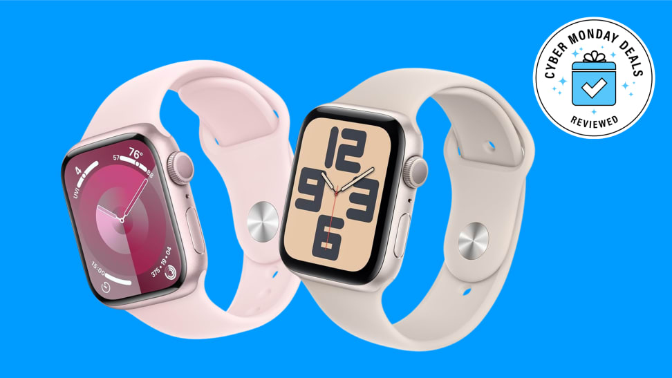 An Apple Watch SE and Apple Watch Series 8 on a blue background