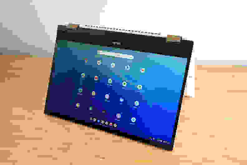 A 2-in-1 laptop folded in tent-mode