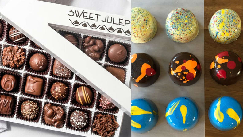 Left: box of Sweet Julep chocolates. Right: nine colorful confections in a row