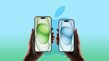 The iPhone 15 and iPhone 15 Pro held in two hands in front of a blue and green background with the Apple logo.