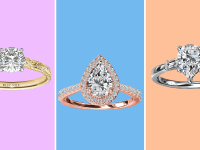 Three images of engagement rings, one with a gold band and round stone, one with a rose gold band and a pear-shaped stone, and one with a white gold band and baguette diamonds framing the center stone.