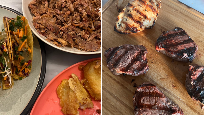 On left, cooked pulled pork and tacos. On right, grilled steak and chicken.