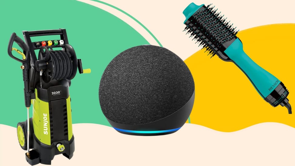 A Sun Joe pressure washer, an Amazon Echo Dot, and a Revlon One Step hair dryer
