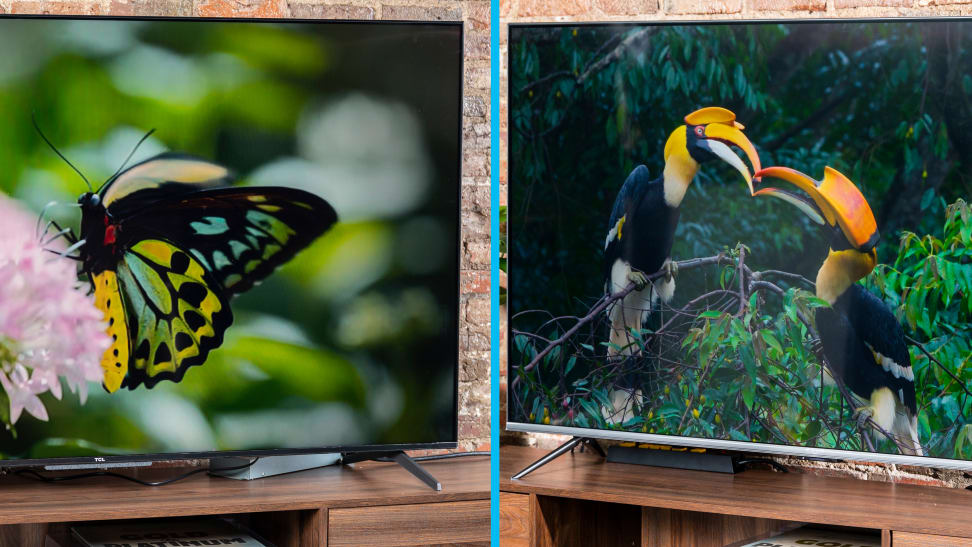 A side-by-side comparison of the TCL 5-Series with Google TV and the Amazon Fire TV Omni, both displaying 4K content in a living room setting