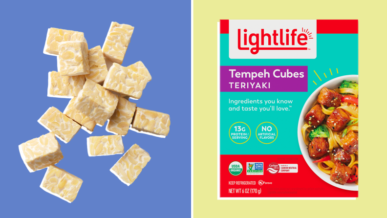 Cubes of tempeh next to a teal box of Tempeh Cubes Teriyaki