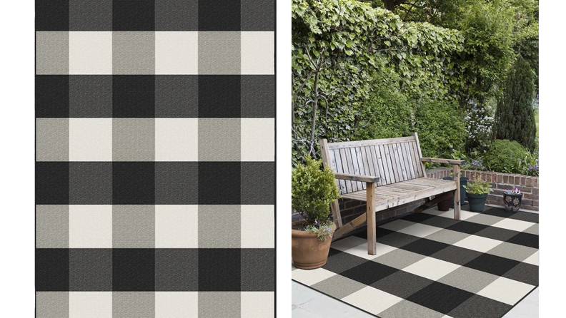Two images of a black and white checkered rug