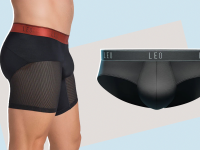 Collage image of a model wearing black boxer briefs with mesh leg panels, and a product shot of a pair of black briefs.