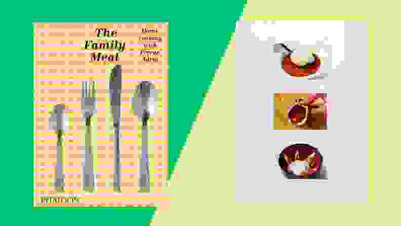 Front and back of cookbook cover that have silverware artwork.