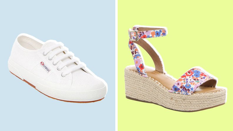 On left, white canvas sneaker. On right, floral espadrille heel.