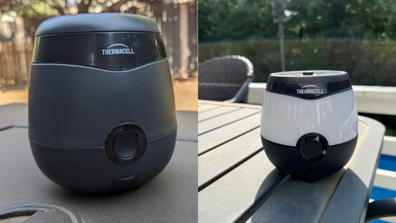 Black and white Thermacell E55 Mosquito Repellent sitting on top of table outdoors.