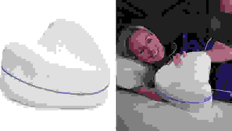 On left, heart-shaped memory foam pillow. On right, person laying heart-shaped memory foam pillow.