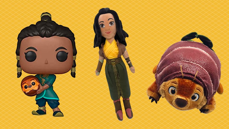 A Raya Funko figure next to a Raya plushie next to a TukTuk plushie on a yellow background