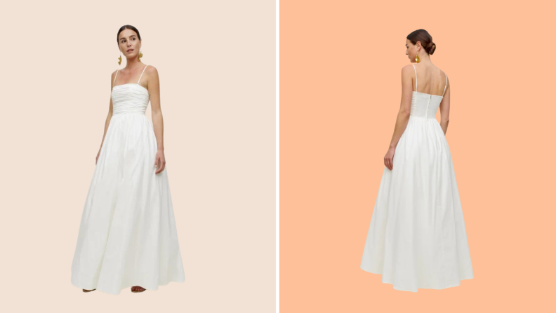 Two images of a model wearing a white wedding gown against a blush background.