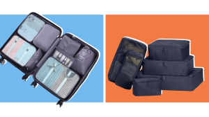 Two images of a suitcase and storage cubes against a blue and orange background.