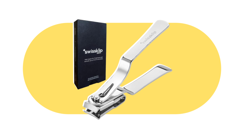 The Swissklip nail clippers on a yellow and white background