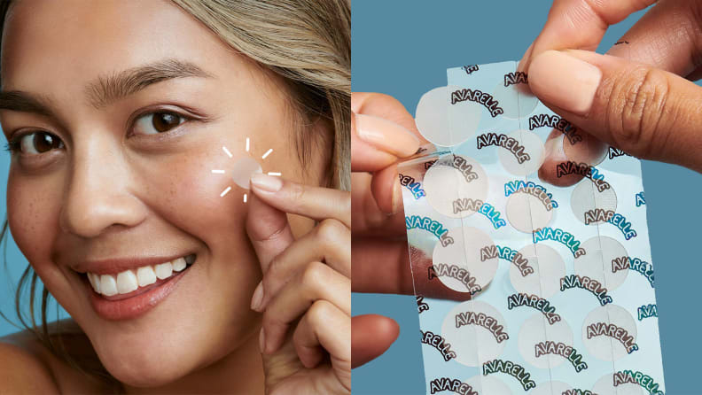 On the left: A model applying a pimple patch to her face. On the right: Two hands are holding a pack of pimple patches.