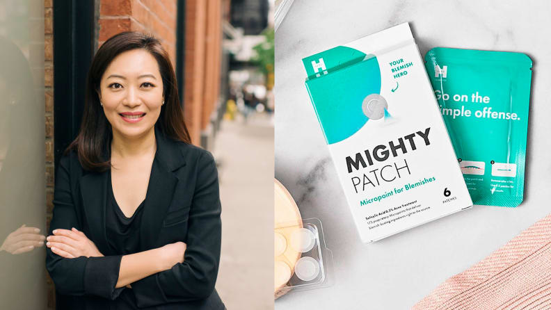 Left: Asian female founder of Hero Cosmetics, right: Pimple patches by Hero on table