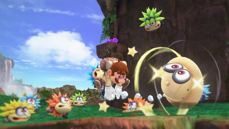 Mario tosses a safari hat toward the camera.