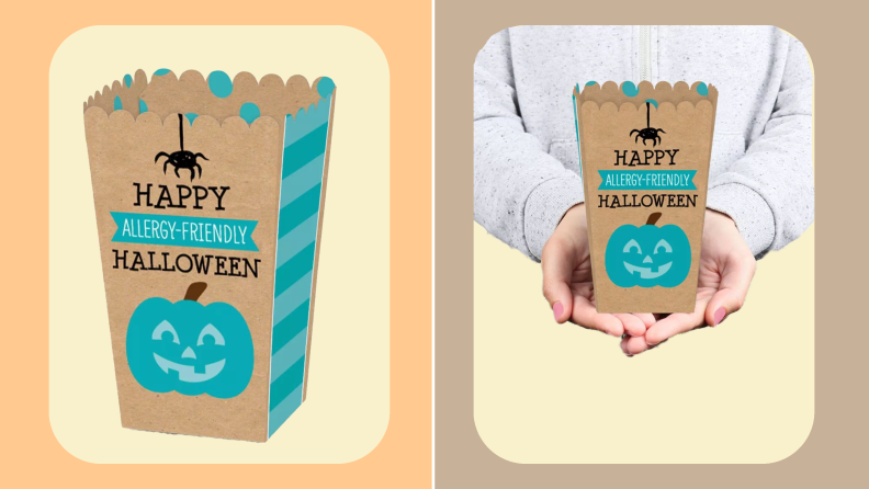 On left, small, tan and teal cardboard popcorn holder with a pumpkin cartoon on the front. On right, person holding a Small, tan and teal cardboard popcorn holder with a pumpkin cartoon on the front in their palm.