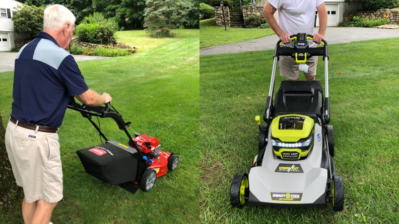 Two side-by-side images of a man pushing lawn mowers across a yard.