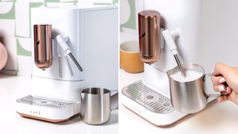 On left, Affetto steam wand seemingly moving diagonally in motion. On right, a milk jug full of milk being frothed with the steam wand.