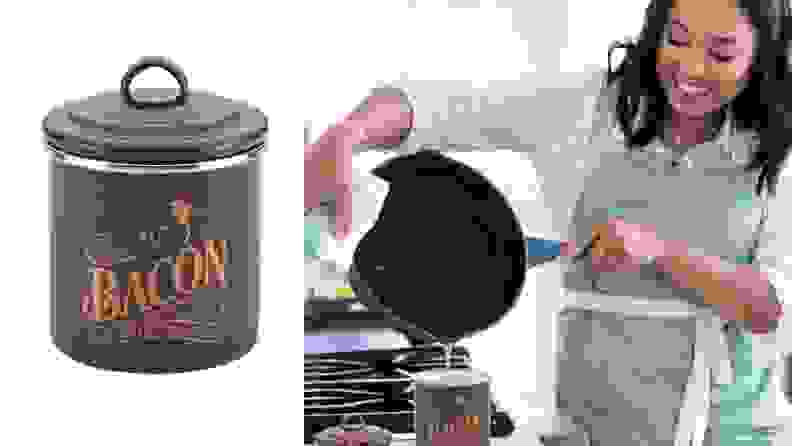 Bacon drippings jar next to a woman pouring grease into a jar